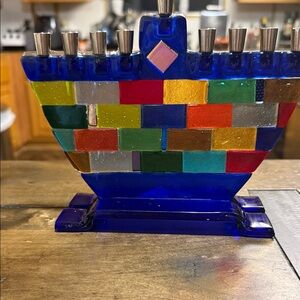 Tamara Baskin Blue Glass Mosaic Hanukkah Menorah.